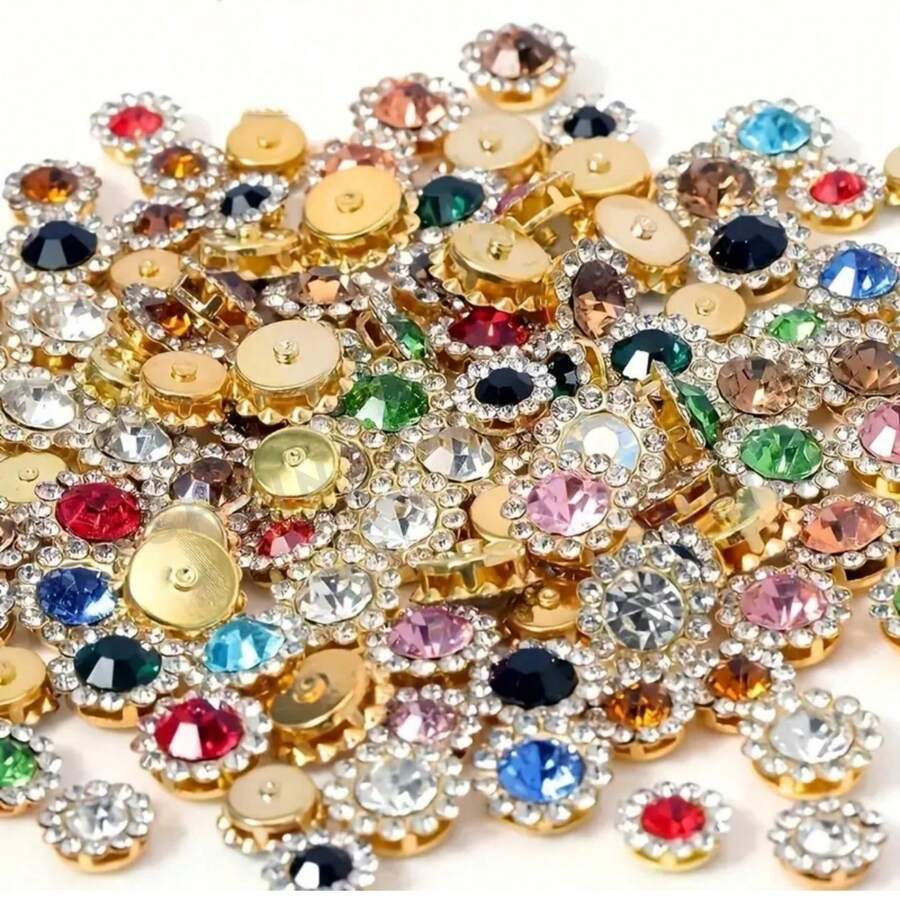 50pcs Mixed Colors 10mm/12mm Sunflower Rhinestone Buttons, Double Flower Design, DIY Sew-On Embellishments For Hair Accessories, Bows, And Crafts