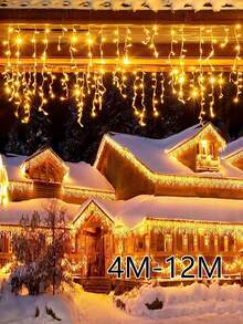 4m/6m/12m Icicle Lights, LED Curtain Lights, Christmas Wreath, Outdoor Birthday New Year Garden Party Patio Wedding Holiday Patio Decor - EU C Type Plug(220-240V) - View 2