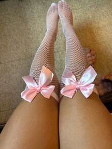1 Pair Sexy Women's Pink Fishnet Thigh-High Stockings With Bowknot Decor, Soft Knit Fabric, Elastic Cuff For Cosplay, Christmas Parties, And Romantic Occasions
