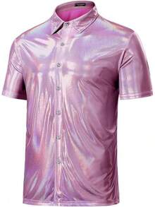Mens Sequin Top 70s Outfit Disco Rave Party Collared T-Shirt Short Sleeve Breathable Metallic Shirthalloween - Pink - View 1