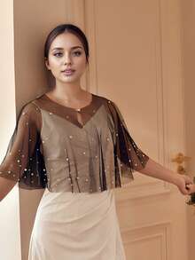 1pc Faux Pearl Decor Bridal Shawl, Sexy Thin Mesh Ladies Wedding Party Bolero Cover Up Shrug Fall Clothes For Women - VG120 - View 14