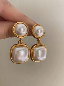 1 Pair Golden Pearl Geometric Dangle Earrings, Elegant French Style Versatile Earrings For Casual, Holiday, Party, Evening Wear - Vàng - Xem 1