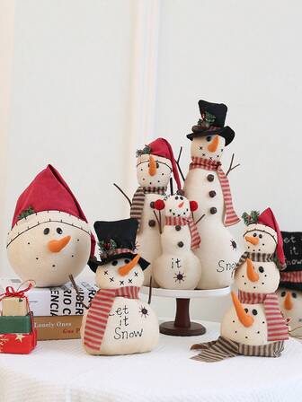 Vintage Distressed Burlap Embroidered Snowman Figurine, Christmas Decor, Holiday Gift, Party Prop, Accessories - Santa Hat Snowman