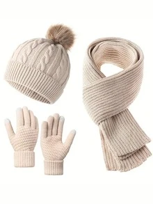 3pcs Winter 2025 New Women Thick Knitted Beanie Hat, Scarf & Gloves Set, Outdoor Cycling Warm 3 Pieces Suit, Unisex Solid Color Winter Warm Valentines Gift - Multicolor - View 5