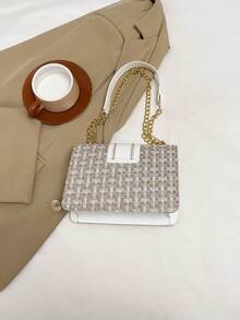 迷你时尚粗花呢斜挎包，女士链条单肩包，复古格子图案方形钱包 - 白色 - 查看 3