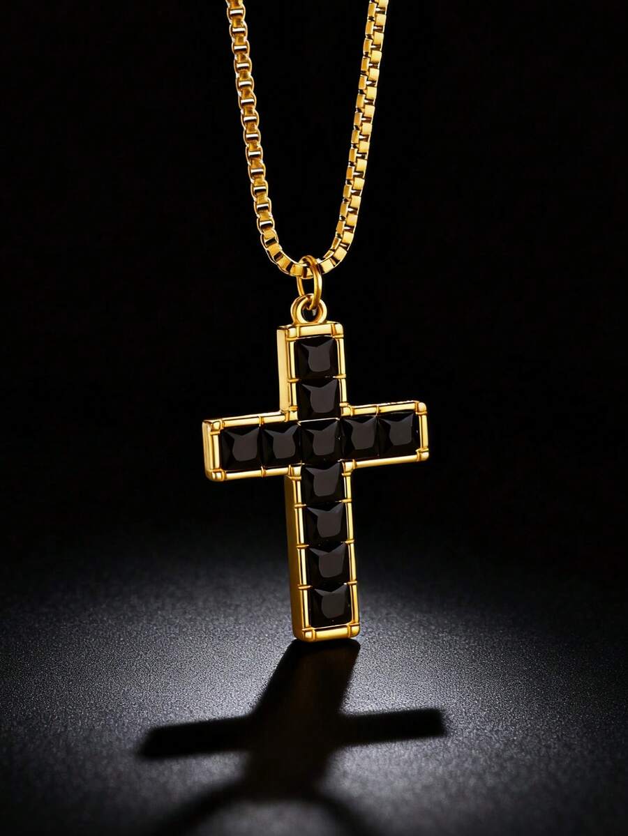 Inlaid Square Zirconia Cross Necklace For Men 18K Gold Plated Box Chain Stainless Steel Necklaces Luxury Design Cross Charm Jesus Religious Style Jewelry Daily Wear