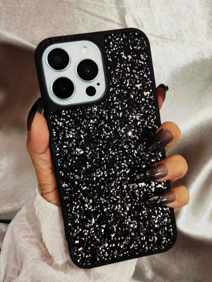 1pc Luxury Rhinestone Sequin Leather Phone Case, Compatible With Iphone 17 16 15 14 13 12 11 Pro Max Plus - Black - View 1