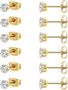 MDFUN 6 Pairs Stud Earrings Sets 3-8MM 18K Gold Plated Round 5A+ Cubic Zirconia Earrings CZ 6 Prong Ears Jewelry Women - 5毫米-黃金 - 查看 12