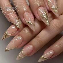 1 Box Of 24 Pieces / Simple Manicure False Nails Gold Paste 3D Wearable Nail Pieces Short Almond-Shaped Wearable Nail Stickers Wedding Party Holiday Gifts - Gold - View 10