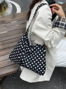 圆点简约帆布包春夏季新款露口双肩带轻便简约大容量斜挎包适合女性日常生活休闲通勤学生使用 - 黑色 - 查看 7