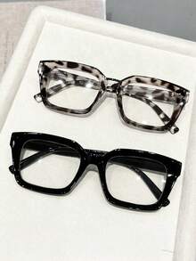 2pcs Leopard Print Plastic Geometric Full Frame Personalized Ins Style Transparent Glasses, Suitable For Music Festivals, Back To School Season, Weekend Outfits, Daily Life, Holiday Gifts, Fashion Accessories, Fits All Face Shapes - 2 miếng Pudding đậu phụ đen trắng - Xem 3