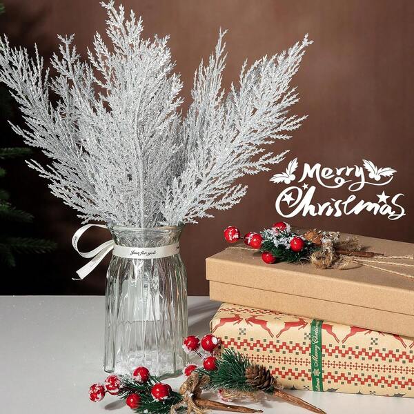 Christmas Glitter Stems 25pcs Artificial Pine Tree Picks For Christmas Tree Ornaments Fillers, DIY Xmas Wreath, Crafts, Garland, Holiday, Party, Wedding And Home Decoration (Silver) Christmas Decorations Winter Room Decor
