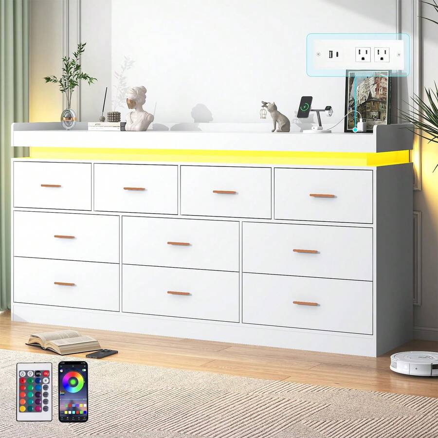 10 Drawer Dresser With Charging Station And USB Powered LED Lights ...