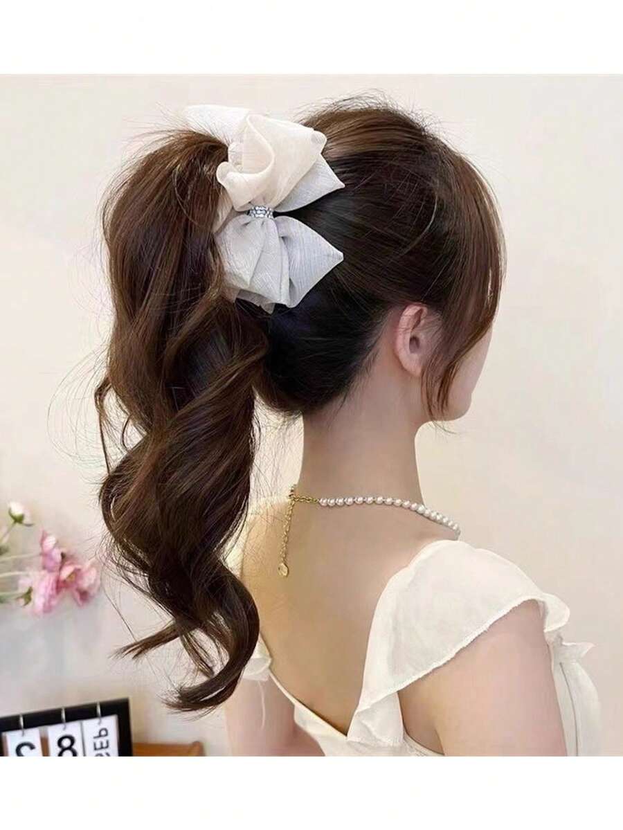1pc Beige Lace Mesh Bow Hair Claw Clip, Large Shark Claw Clip For Updo Hairstyles Winter Hair Accessories Elegant Hair Clutch