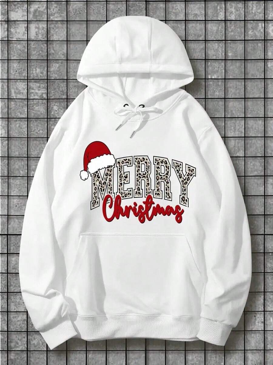 Merry Christmas Cute Winter Cotton Hoodie - Long Sleeve, Knit Fabric, Relaxed Fit, Full Size, Fashionable Graphic Print, Perfect For Casual Outings And Daily Wear,Fall Hoodies,Men's Fall Clothes,Street Wear,Halloween,Mens Hoodies,Y2k Clothes,Jesus Hoodie,Thanksgiving Day,Nightmare Before Christmas,Christmas - White - View 1
