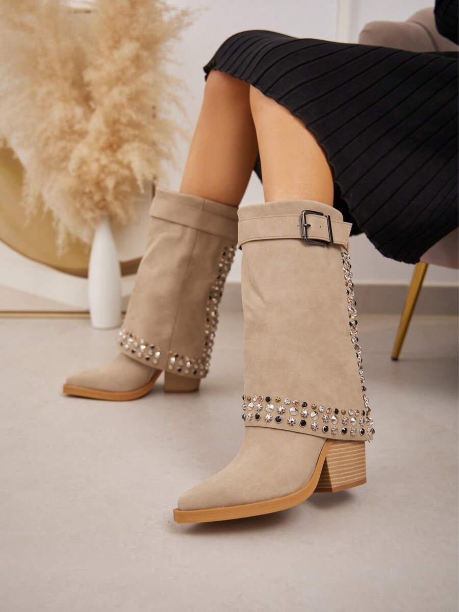 fandelle Women's Western Style Pointed Toe Side Zipper Studded High Heel Mid-Calf Boots - Beige - View 1