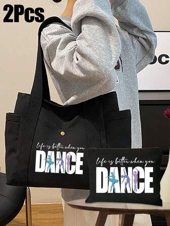Große Kapazität Tanz-Muster Tragetasche für Frauen, Schwarze Kosmetiktasche - Fette "TANZ" Beschriftung, Reißverschluss & geräumiges Inneres - Strapazierfähige Polyester Schultertasche für Tanzen, Süße Retro einfache Mode Buchstaben Muster bedruckte Tasche, Aufbewahrungstasche, einfache Einkaufstasche, für Aufführungen, Arbeit, Reisen - Schwarz/Handwäsche - Professionell & Alltags Chic Handtasche