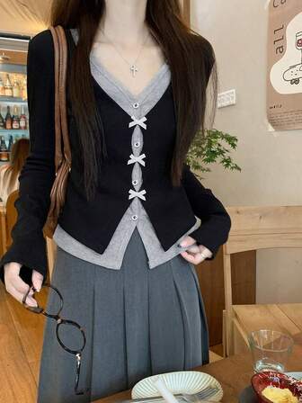 Early Autumn 2 In 1 Color Block V-Neck Long Sleeve T-Shirt For Women, Bow Decor, Slim Fit, Versatile Top, Autumn Clothing