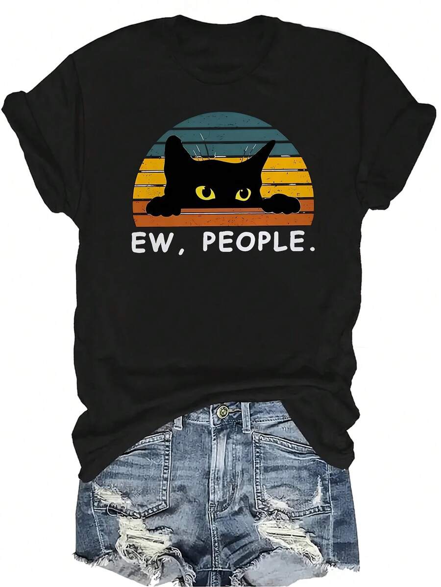 [Camiseta de Moda Casual] Camiseta de mujer suave y cómoda - Camiseta de manga corta de cuello redondo con gato lindo y atardecer retro, regalo perfecto para la abuela y la mamá, uso casual de primavera y verano - Negro - Ver 1