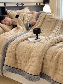 1 件格子提花饰边天鹅绒保暖厚毯，柔软亲肤，多尺寸多用途，适用于办公室、客厅、卧室 - 摩卡棕 - 查看 5