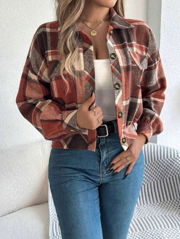 Women's Casual Retro Plaid Short Jacket: Lapel Collar With Pockets, Loose Fit | Soft Fuzzy Fabric, Warm And Comfortable | Red-Brown Plaid Retro Style | Suitable For Retro-Themed Parties, Street, Commuting, Casual Outings, Campus, Travel And Relaxed Picnics