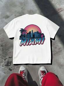 TAGLIE FORTI Maglietta con grafica Miami Sunset , Maglietta da uomo estiva casual in puro cotone a maniche corte con scollo rotondo, 220 g/m2 (1 pezzo)