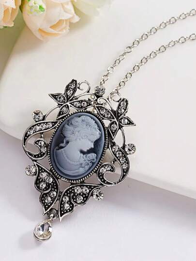 1PC Vintage Bohemian Cameo Beauty Portrait Pendant Necklace For Women Luxury Lady Queen Flower Butterfly Long Sweater Chain Jewelry