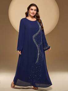 Plus Size Women's Solid Color Round Neck Long Sleeve Arabic Dress, Embellished With Rhinestones, Beads, And Wave-Shaped Studs (Handmade, Random Density Of Studs And Rhinestones) Spring - Royal Blue - View 6