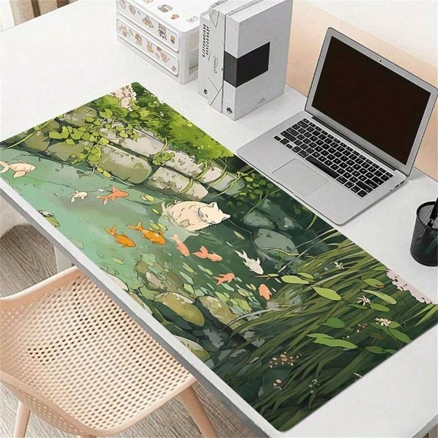 Large Anime Cat And Fish Mouse Pad With Stitched Edge, Non-Slip Rubber Base XL Desk Mat, Oblong Office Desk Accessories, 35.4x15.7 Inch - Gift For Friend Women Back To School - 80*30*0.2厘米 - 查看 1