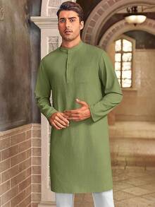 Mens Kaftan Robe Button Down Long Sleeve Henley Cotton Thobe Casual Side Split Gown Shirthalloween - 軍綠色 - 查看 3