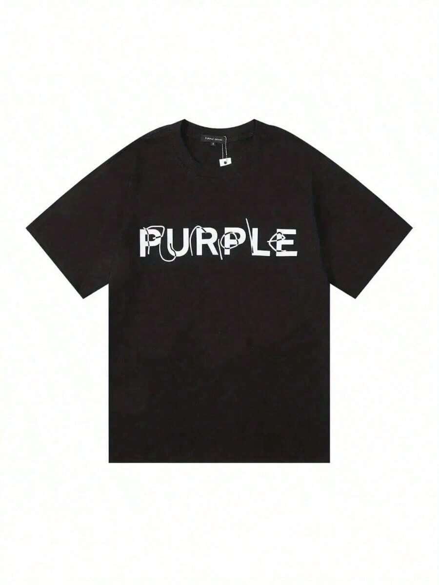 Breathable Cotton T-Shirt With Purple Letter Print, Casual Summer Tee In Black & White - 黑色 - 查看 1