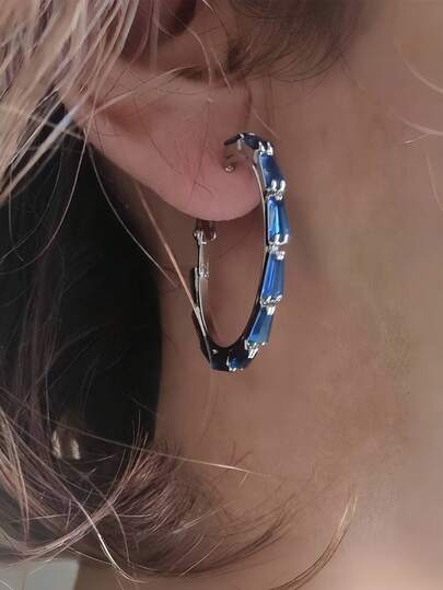 1 Pair Luxury, Elegant Earrings With Colorful Cubic Zirconia Stones, C-Shaped Gold Tone Hoops, Everyday Wear Jewelry Gift For Wife, Girlfriend