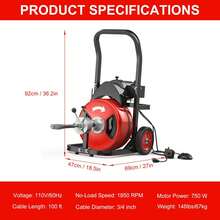 Máquina de Limpieza de Drenaje, 750W Máquina Destapador de Cañeria con 30 Meter x 3/4 Pulgadas Cable, 6 Cortadores, Interruptor de Pedal Neumático, Adecuada para Tuberías de 10 a 20cm - 100 pies x 3/4 de pulgada - Ver 2