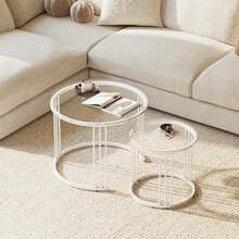 Nesting Coffee Table, 23.6" Round Coffee Table Set Of 2, Glass Nesting Table With Metal Frame, Ceter Tables For Living Room Bedroom Balcony - 白色 - 查看 4