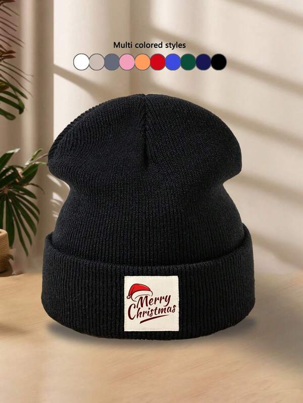 1 Stück Unisex Weihnachtsmütze mit Stoffetikett, einfarbige Beanie, stylisch & personalisiert für Weihnachten, Angeln, Skifahren, Camping, Paar, dehnbar und warm, Herbst/Winter
