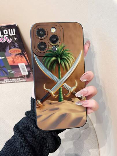 1 件时尚独特的中东风格弯刀棕榈树 2D 印花手机壳，TPU 材质防摔防水，兼容 Apple 16/15/14 Plus/13/12/11/Pro Max/Pro/Plus 和 Galaxy 系列
