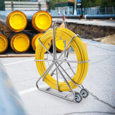 Fish Tape Fiberglass, 656 Ft, 5/16 In, Duct Rodder Fishtape Wire Puller, Cable Running Rod With Steel Reel Stand, 3 Pulling Heads, Fishing Tools For Walls And Electrical Conduit, Non-Conductive