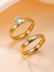 2 件/套 4 毫米简约锆石装饰不锈钢女士戒指