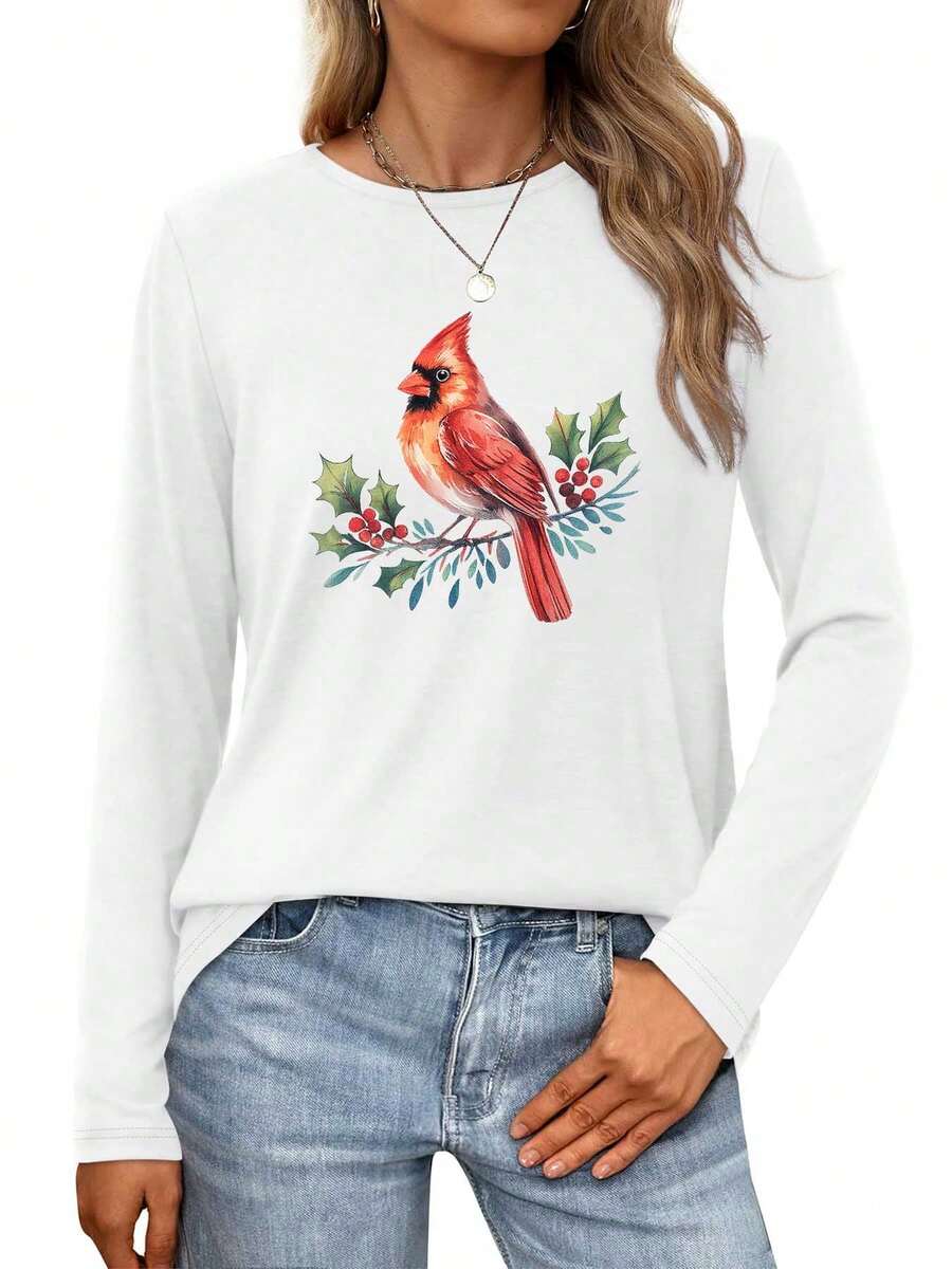 A Cardinal Perched On A Holly Branch With Berries And LeavesWomens Long-Sleeve Crewneck T-Shirt - 白色 - 查看 1