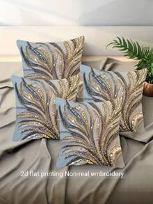 4pcs 18" X 18" Modern Abstract Feather Pattern Pillow Covers (Printed Cushion Covers, No Sequins), Zipper Closure, Mixed Color Design, Suitable For Living Room, Bedroom, Office And Holiday Gifts (Pillow Insert Not Included), Vintage Pillowcase, Bedroom Decor, Modern Decor, Elegant Style, Shiny Texture, 2D Flat Print - Silver - View 1