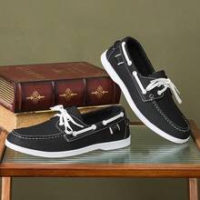 Men's Loafers, Black And White Contrasting Casual Leather Shoes - 黑色 - 查看 6