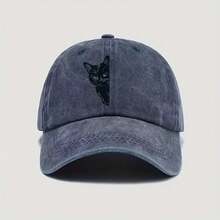 Black Animal Kitten Print Golf Hat - Unisex Vintage Washed Distressed Baseball Cap, Adjustable Quilted Outdoor Hiking Fishing Dad Hat - 海軍藍 - 查看 5