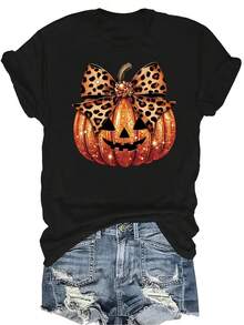 [Camiseta de moda casual] Camiseta suave y cómoda para mujer - Decoración casual de lazo de leopardo y calabaza, manga corta, cuello redondo, regalo perfecto para la abuela y la mamá, uso casual de primavera y verano - Negro - Ver 1