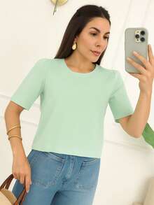 WOMEN'S Puffed Sleeve Blouse In Viscoline With Spandex - LIGHT GREEN - View 1