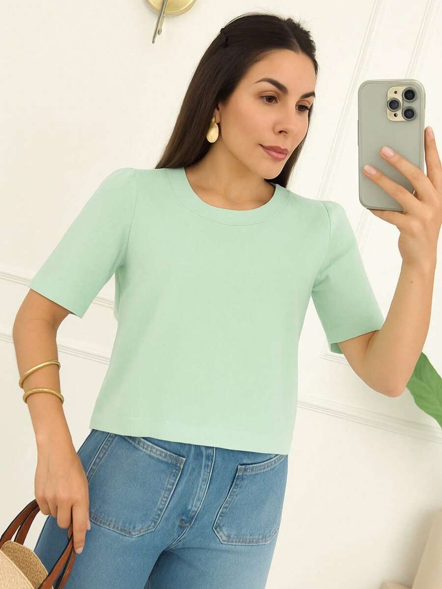 WOMEN'S Puffed Sleeve Blouse In Viscoline With Spandex - LIGHT GREEN - View 1