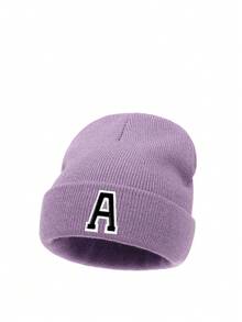 1 件儿童 A-Z 26 字母印花针织帽，柔软温暖秋冬头饰，适合婴儿少女女孩日常使用生日礼物 - 紫色 - 查看 6