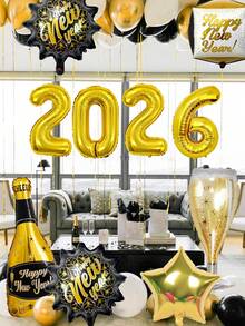 10件組新年快樂鋁箔氣球套組，包含金色2026、紅酒瓶、香檳杯、3D方形氣球、五角星鋁箔氣球，適用於2026新年、生日、畢業、攝影道具、節日裝飾 - 彩色 - 查看 6