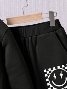Tween Boy Smiling Face Print Warm Hoodie And Sweatpants Set - Black - View 6