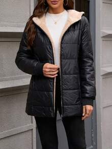 Jaqueta com Capuz Acolchoada Feminina, Tecido Tecido de Cor Sólida, Acolchoada, Adequada para Outono, Inverno, Primavera - Preto - Visão 1