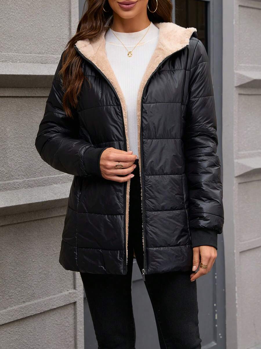 Jaqueta com Capuz Acolchoada Feminina, Tecido Tecido de Cor Sólida, Acolchoada, Adequada para Outono, Inverno, Primavera - Preto - Visão 1